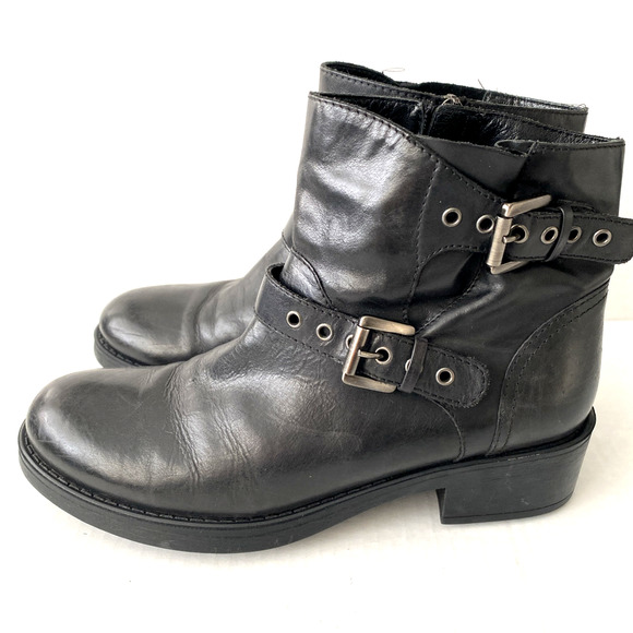 Aquatalia Sophie Black Leather Moto Boot Double Buckle Biker Ankle Comba… - Picture 4 of 8
